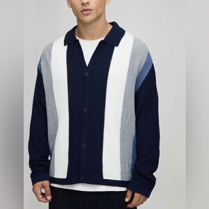 BoohooMAN Oversized Boxy Colour Block Knitted LS Shirt Navy XL NWT IN PKG